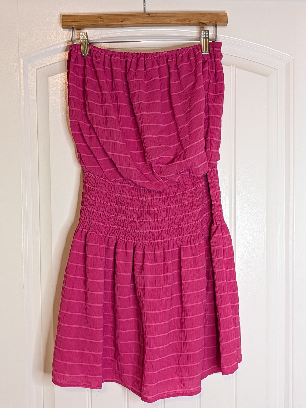 Glam Hot Pink Striped Strapless Smocked Waist Tube Dress